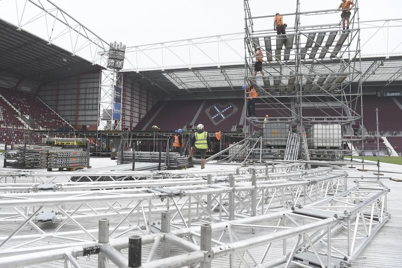 Hearts' home has also held concerts in the past, including an Edinburgh International Festival classical concert in 2019. The stage is pictured being erected on the pitch for that concert.