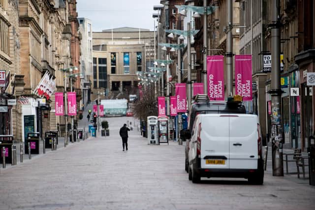 The vast majority of retailers have had to close due to the coronavirus lockdown restrictions and there are fears many may struggle to reopen. Picture of a virtually deserted Buchanan Street in Glasgow by John Devlin