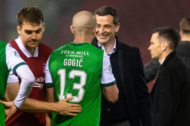 Hibs manager Jack Ross celebrates with Alex Gogic, who played a massive role in helping the side repel Aberdeen and claim the club's first top-three finish in 16 years. Photo by Craig Foy / SNS Group