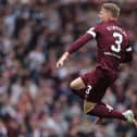Stephen Kingsley celebrates putting Hearts 2-0 ahead during April's Scottish Cup semi-final against Hibs.