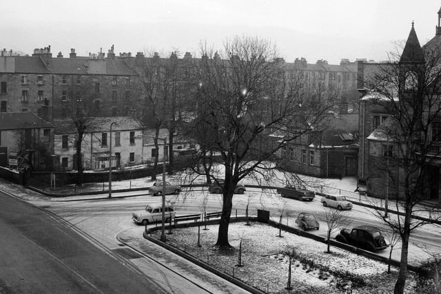 Morningside Road photographed in winter in the 1960s.