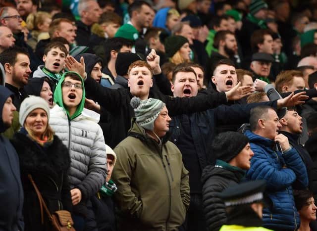 Away support during the Ladbrokes Premiership match between Aberdeen and Hibernian at Pittodrie Stadium on March 07, 2020. (Photo by Paul Devlin / SNS Group)