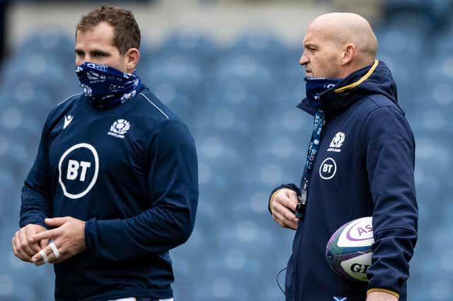 Scotland skipper Fraser Brown with head coach Gregor Townsend during the Captain's Run at BT Murrayfield ahead of the Georgia game. Picture: Craig Williamson/SNS