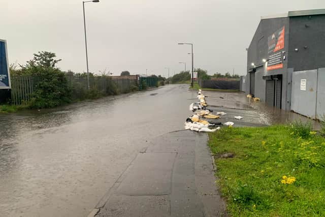 Flooding around the warehouse in West Harbour Road, Granton, in 2019.