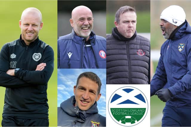 The Lowland League managers of Civil Service Strollers, Edinburgh University, Hearts B, Spartans and Tranent.