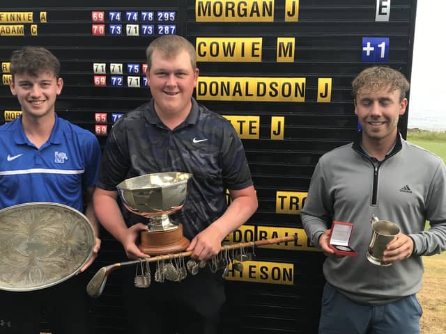 2023 East of Scotland Open winner Andrew Davidson, centre, flanked by runner-up James Morgan, left and third-placed Mitchell Cowie, right, at Lundin. Picture: East of Scotland Open.