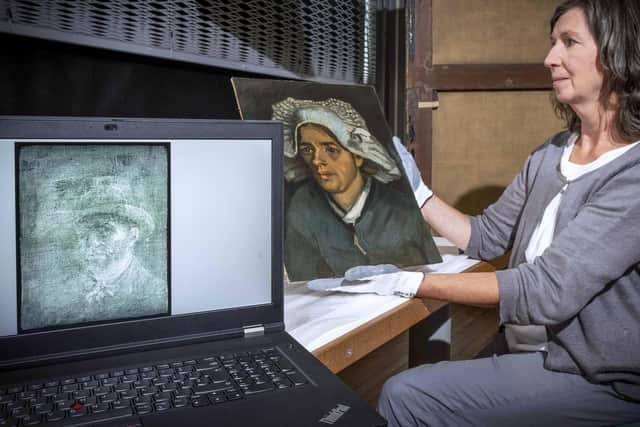 Lesley Stevenson, Senior Paintings Conservator at National Galleries of Scotland, with the x-ray of the Van Gogh self-portrait, which was found on the back of his oil painting , Head of a Peasant Woman. PIC: NGS. Picture: Neil Hanna
