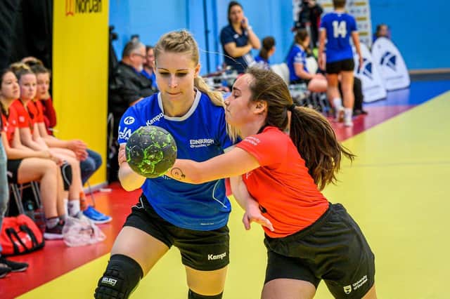 Edinburgh's Amanda Kaas in British Handball Super Cup third-place play-off action against Dundee University at Oriam.  Picture: Alan Peebles