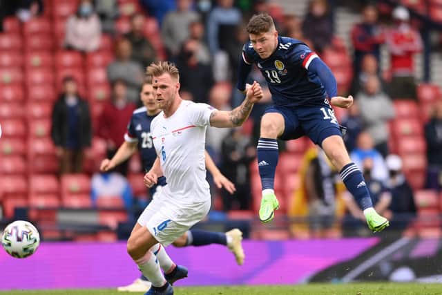 Hibs striker Kevin Nisbet has a strike on goal after coming off the bench in the 2-0 defeat to Czech Republic in the Euro 2020 opener at Hampden. (Photo by Stu Forster/Getty Images)