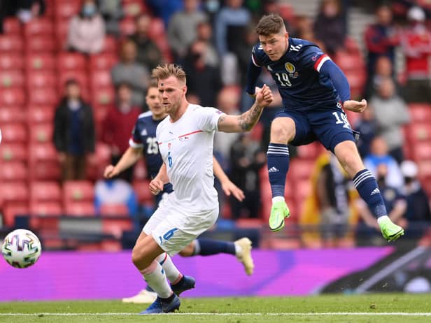 Hibs striker Kevin Nisbet has a strike on goal after coming off the bench in the 2-0 defeat to Czech Republic in the Euro 2020 opener at Hampden. (Photo by Stu Forster/Getty Images)