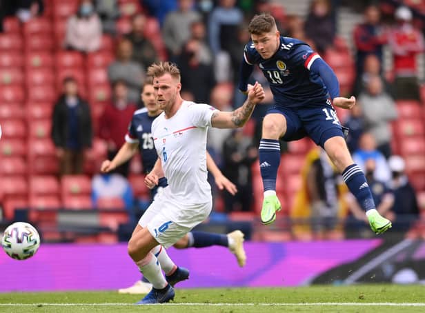 Hibs striker Kevin Nisbet has a strike on goal after coming off the bench in the 2-0 defeat to Czech Republic in the Euro 2020 opener at Hampden. (Photo by Stu Forster/Getty Images)