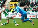 Hibs midfielder Josh Campbell scores his second in the 3-1 win over Aberdeen.  (Photo by Paul Devlin / SNS Group)