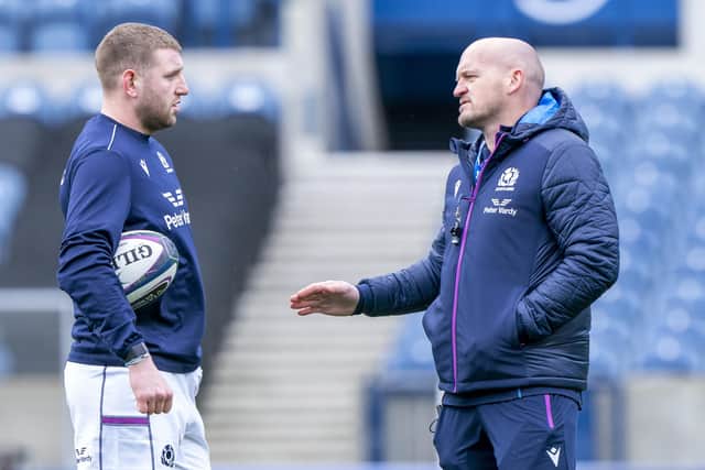 Scotland's Finn Russell with head coach Gregor Townsend. Picture: Jane Barlow/PA