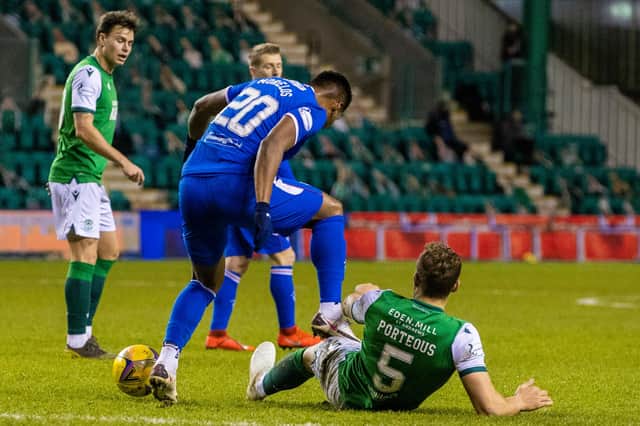 Rangers' Alfredo Morelos was banned after he was caught stamping on Hibs defender Ryan Porteous in January's meeting between the sides. Photo by Craig Williamson / SNS Group