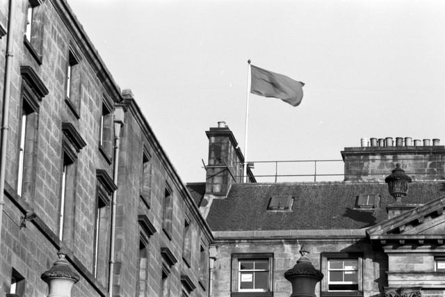 The red flag flies over Edinburgh City Chambers in March 1985.