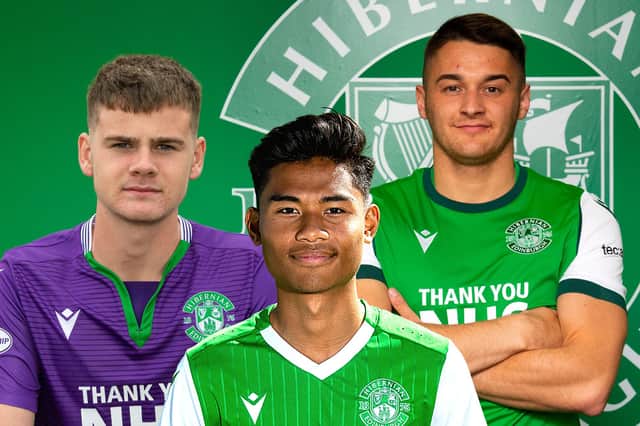 Yrick Gallantes (centre) will spend this season on loan with the Azkals Development Team, while Murray Johnson (left) has been involved with the first team at the age of 15 and Kyle Magennis completed Hibs' transfer business