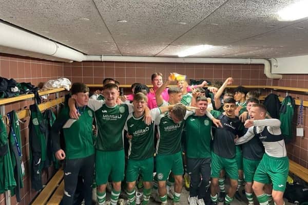 The Hibernian Under-19 squad celebrates beating Nantes