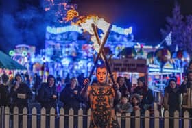 Fire performer Labyrinth Circus wowed families at Conifox Adventure Park’s Halloween Fireworks Night on Friday.