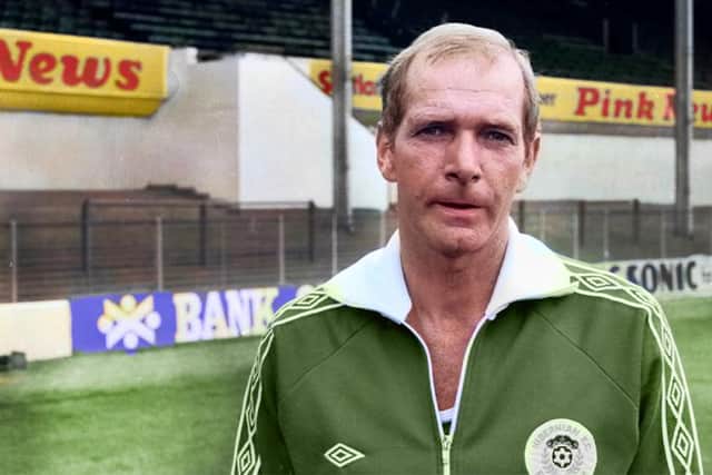 A colourised black and white image of Tom McNiven at Easter Road ahead of the 1981/82 season