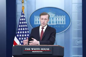 National Security Advisor Jake Sullivan speaks during a news briefing at the White House  on President Joe Biden's administration's calls for Congress to pass further funding for Ukraine.  (Photo by Anna Moneymaker/Getty Images)