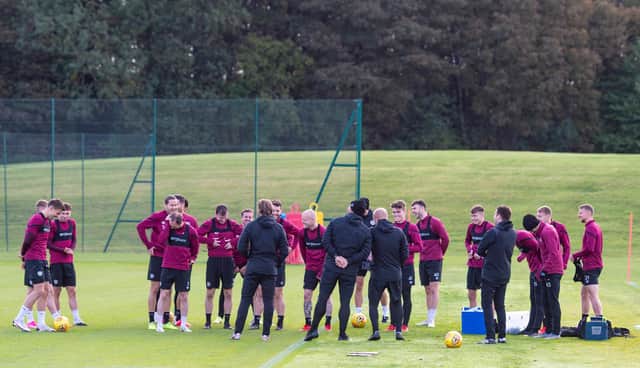 The Hearts squad gather at Riccarton before training.