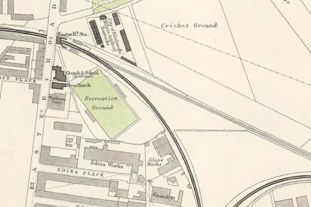 Portion of an 1891 map showing the original Hibernian Park, the Caledonian Cricket ground, and the site of the present-day Easter Road