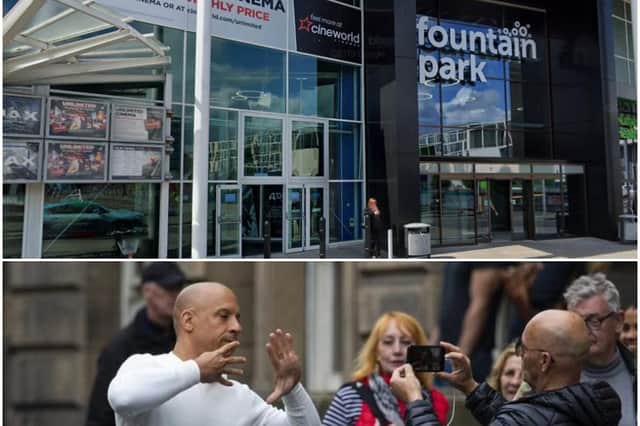 Cineworld at Fountainpark (top) and Vin Diesel, with director Justin Lin, on Edinburgh's Royal Mile filming the Fast and Furious sequel F9 - which has had its release date delayed. Picture: Lisa Ferguson/JPIMedia.