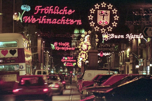These Christmas lights in George Street in December 1992 say Merry Christmas in various languages to celebrate the European summit being held in Edinburgh that month.