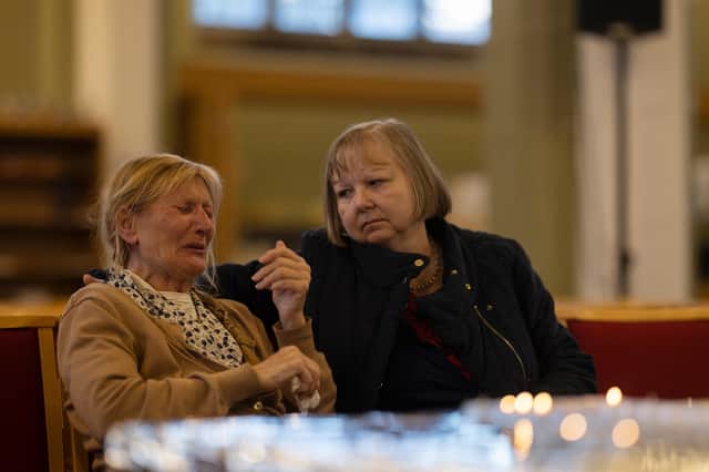 Former mayor Judith McMahon, left, is consoled by local woman Ruth Verrinder at St Michael and All Angels Church in Leigh-on-Sea following the murder of MP Sir David Amess (Picture: Dan Kitwood/Getty Images)