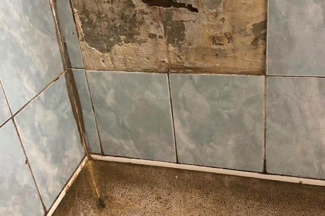Tiles coming off the walls due to damp problems according to the tenant