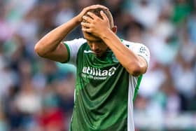 A frustrated Ryan Porteous during Hibs' 1-1 draw with Greenock Morton in the Premier Sports Cup. Picture: SNS