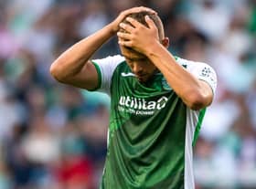 A frustrated Ryan Porteous during Hibs' 1-1 draw with Greenock Morton in the Premier Sports Cup. Picture: SNS