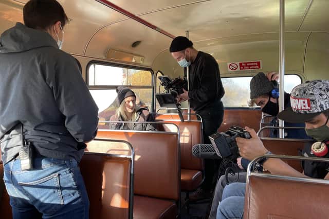 Filming on the bus for Sloansy.