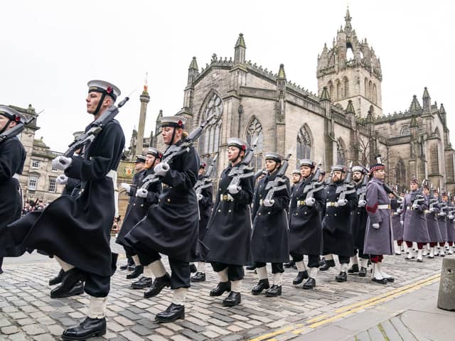 Members of the Royal Navy parade down the Royal Mile during the Remembrance Sunday service (Picture: Jane Barlow/PA Wire)