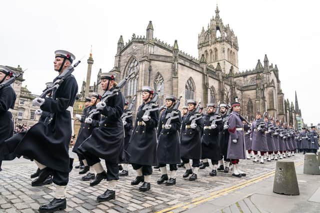 Members of the Royal Navy parade down the Royal Mile during the Remembrance Sunday service (Picture: Jane Barlow/PA Wire)