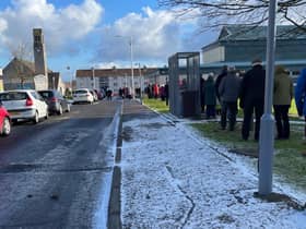 The long queue outside the vaccine centre in Templehall, Kirkcaldy (Pic: Karen Anderson)