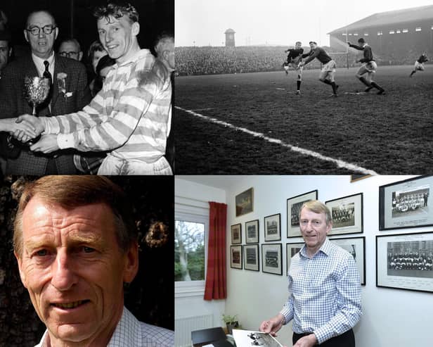 Ken Scotland has sadly passed away at the age of 86. He is pictured (top left) receiving the trophy on behalf of the Cambridge University invitation side at the Melrose Sevens in 1960, kicking the ball down the line against Ireland at Murrayfield in the 1960s (top right), looking through his archives in 2019 (bottom right) and pictured by Neil Hanna in 2006 (bottom left).