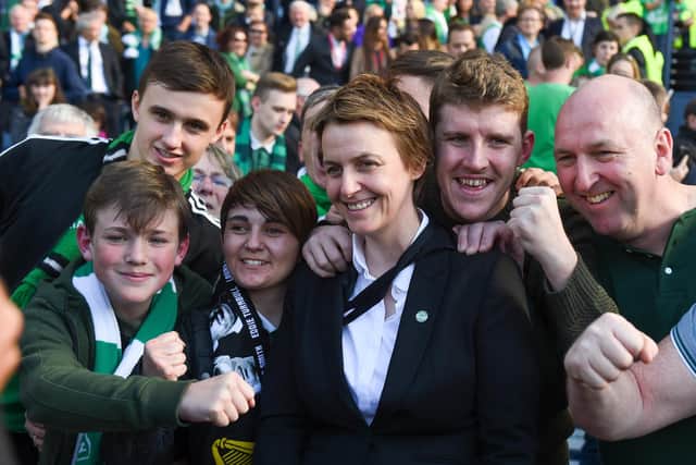 Hibernian Chief Executive Leeann Dempster with fans at full-time of the Scottish Cup final win over Rangers in 2016. Pic: Craig Foy SNS Group