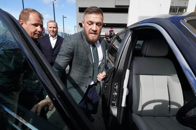 Conor McGregor leaving Blanchardstown Court, Dublin, where he is charged with dangerous driving in relation to an incident in west Dublin in March. Picture date: Thursday April 7, 2022.