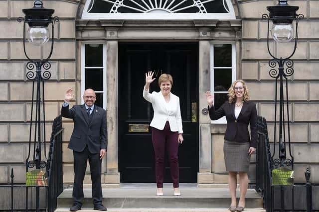 First Minister Nicola Sturgeon (centre) welcoming Scottish Green co-leaders Patrick Harvie and Lorna Slater at Bute House, Charlotte Square, Edinburgh, following their Government Ministerial appointments.