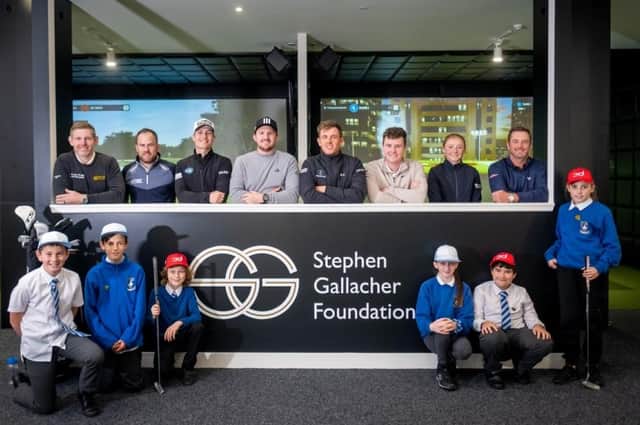 Stephen Gallacher was joined by fellow Scottish pros, from left, Richie Ramsay, Calum Hill, Connor Syme, Grant Forrest, Bob MacIntyre, Louise Duncan and Marc Warren, as well as some local schoolkids, at the offiicial opening of the new Stephen Gallacher Foundation Centre of Excellence at Kingsfield Golf Centre. Picture: Recounter Media Limited