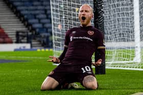 Liam Boyce celebrates after scoring the winning goal in the Scottish Cup semi-final win over Hibs. Picture: SNS