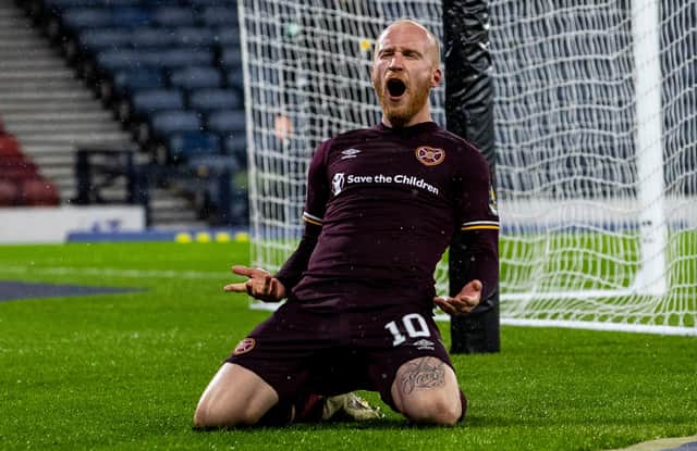 Liam Boyce celebrates after scoring the winning goal in the Scottish Cup semi-final win over Hibs. Picture: SNS
