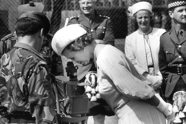 The Queen pictured during a visit to the Argyll and Sutherland Highlanders at Redford Barracks in 1984.