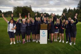 Captain Isla McCrone and the Midlothian players and caddies celebrate winning the Scottish Women's County Finals at Hilton Park. Picture: Scottish Golf