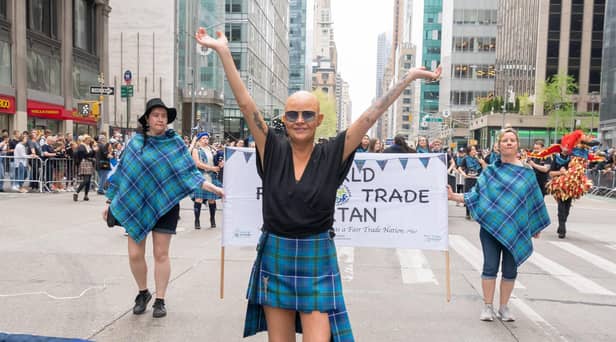 Broadcaster Gail Porter led this year's Tartan Day parade in New York City. Picture: Martin McAdam