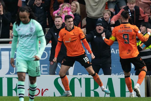 Jamie McGrath celebrates after scoring the winning goal against Hibs while on loan at Dundee United in April earlier this year. Picture: SNS