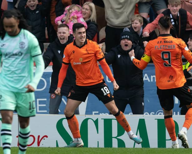 Jamie McGrath celebrates after scoring the winning goal against Hibs while on loan at Dundee United in April earlier this year. Picture: SNS