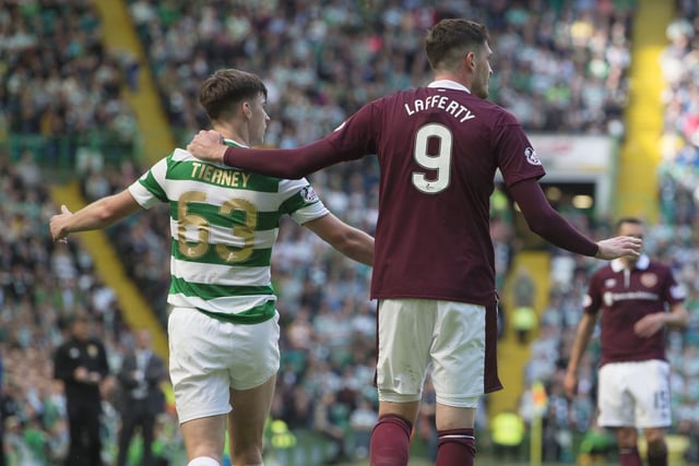 Kyle Lafferty on his league debut for Hearts as the Tynecastle side, with interim boss Jon Daly in charge, are beaten by the reigning champions. Esmael Goncalves gets a late consolation after goals from Scott Sinclair, Callum McGregor and a Leigh Griffiths double gave the hosts a commanding lead.