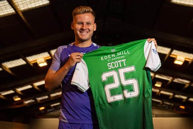 James Scott is pictured after signing for Hibernian at the Hibernian Training Centre on August 20, 2021, in Tranent, Scotland. (Photo by Ross MacDonald / SNS Group)